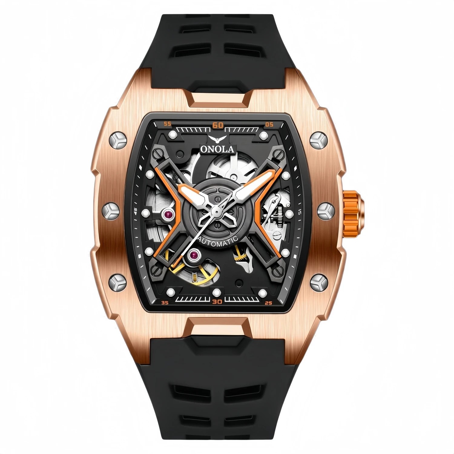 ONOLA Automatic Mechanical Mens Watch With A Silicone Strap And Water Resistance