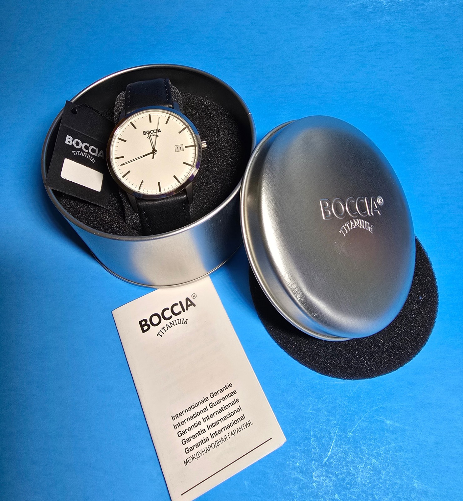 Boccia Titanium Men’s Watch #3588 with Black Leather band in original packaging