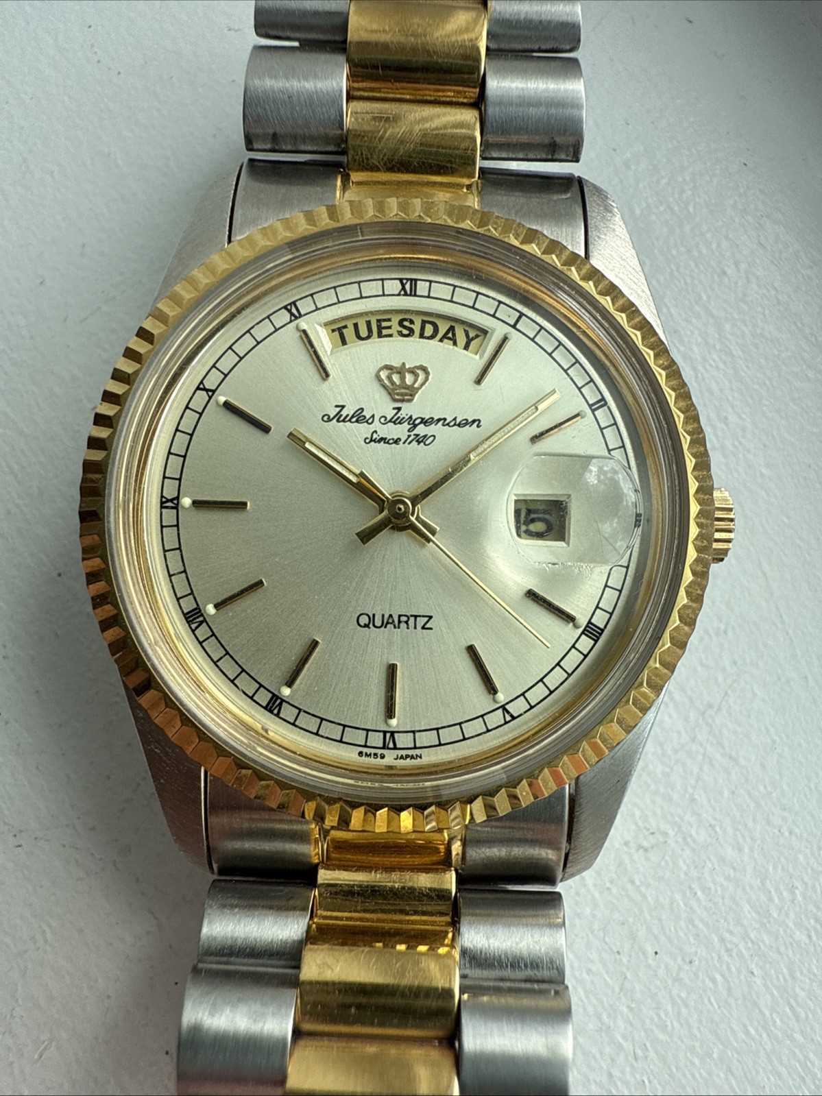 Vintage Jules Jurgensen Quartz Day Date Presidential Two Tone Parts Repair MINT