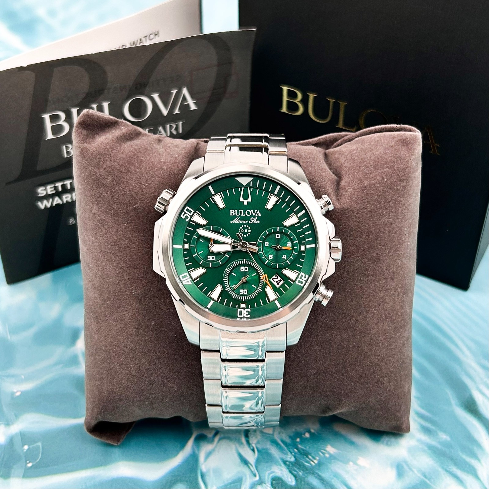Bulova Marine Star 96B396 Green Dial Chronograph Men’s Classic Quartz Watch 43MM
