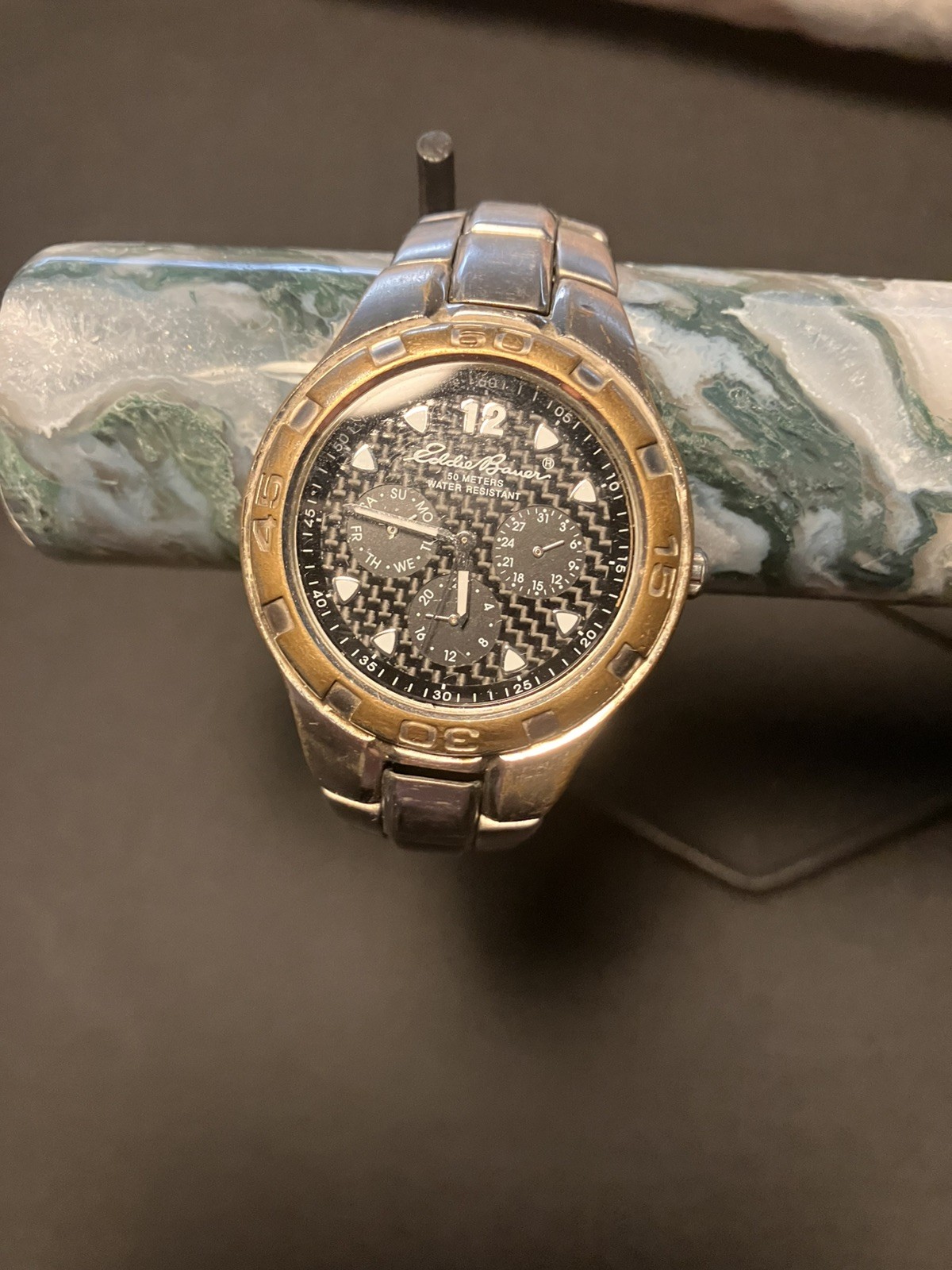 2000s Eddie Bauer Watch 0216 Men 40mm Silver Tone Blue Dial Day Date