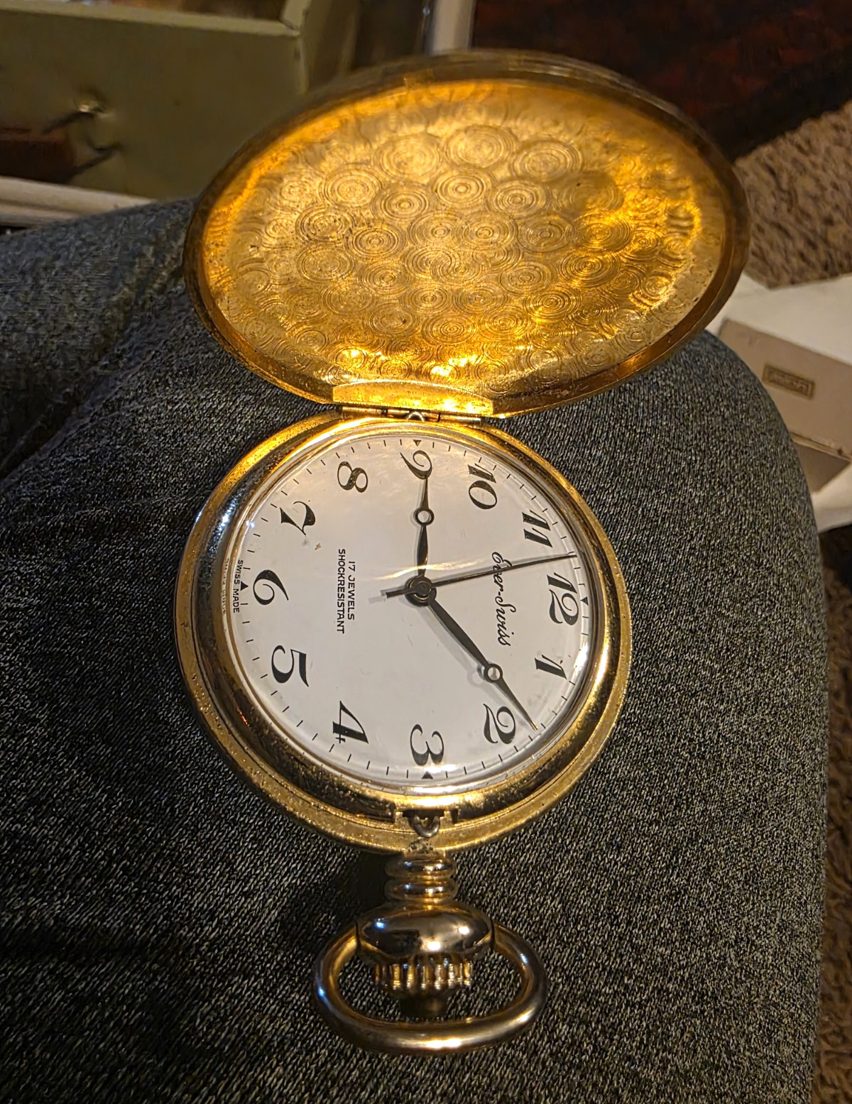 Jean Louis Swiss Made Gold Plated Full Hunter Pocket Watch White Dial Arabic