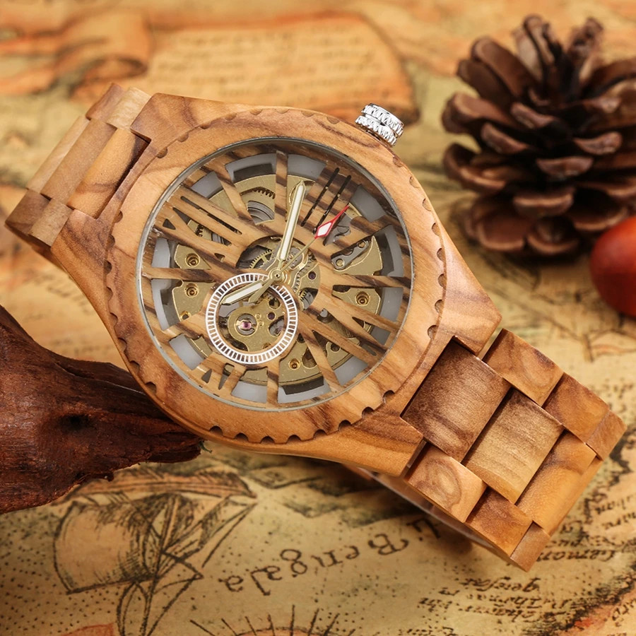 Automatic Mechanical Skeleton Wooden Stainless Steel Case Men’s Watch W572101