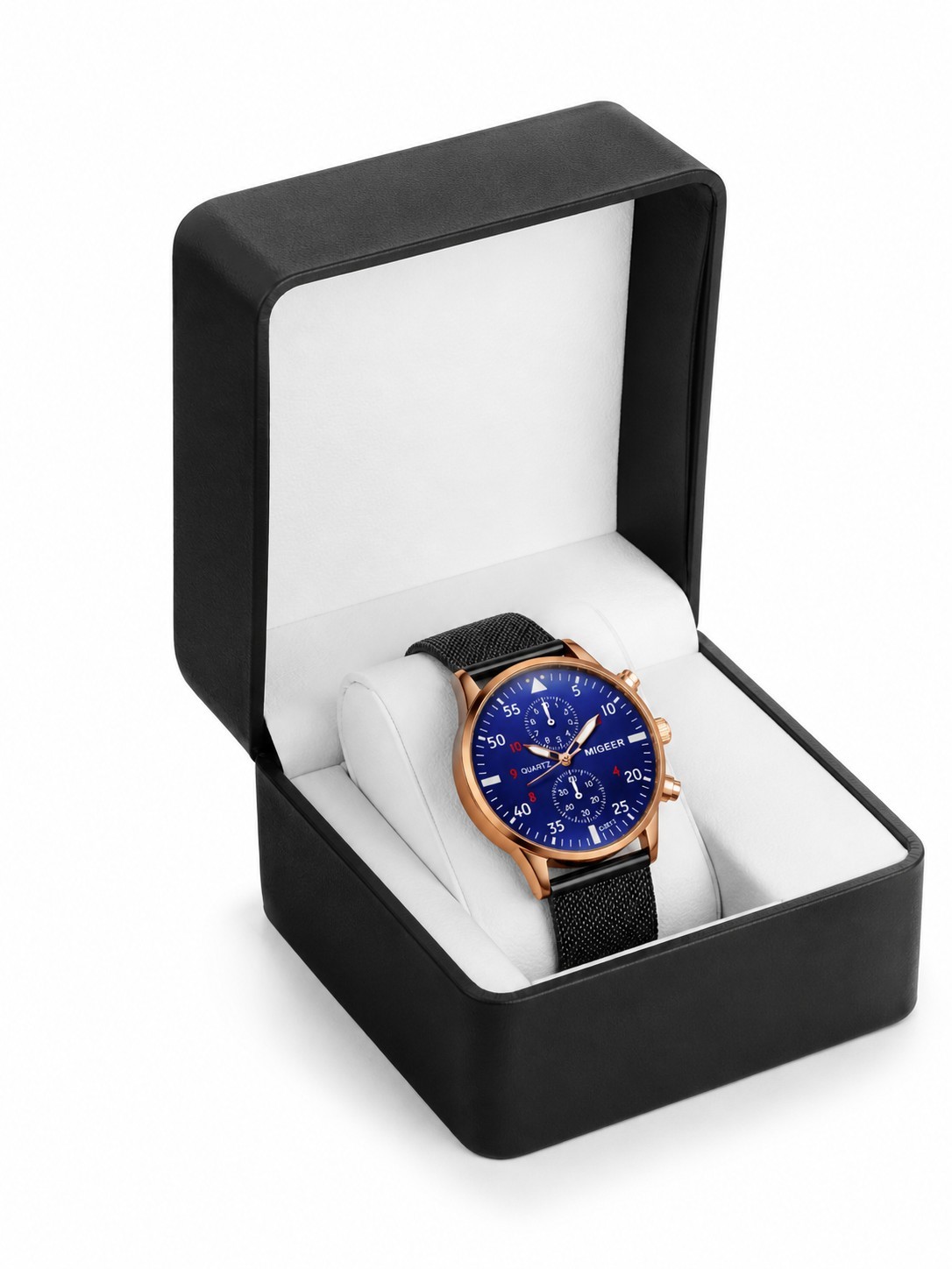 MIGEER Blue Dial Chronograph Watch with Rose Gold Case & Mesh Band