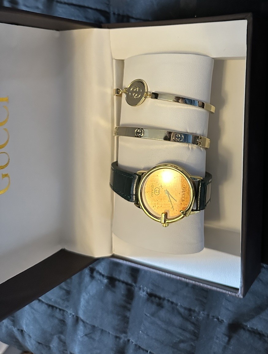 Gucci Swiss Made Quartz Analog Gold Dial Watch w/ Black Leather Strap + Box