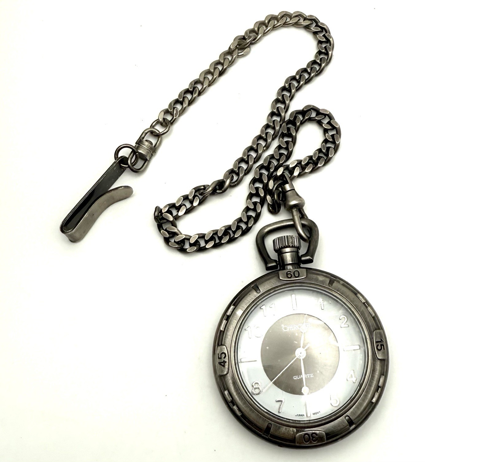 Cherokee Pocket Watch Silver Open Face Japan Movt Analog Quartz Needs Battery
