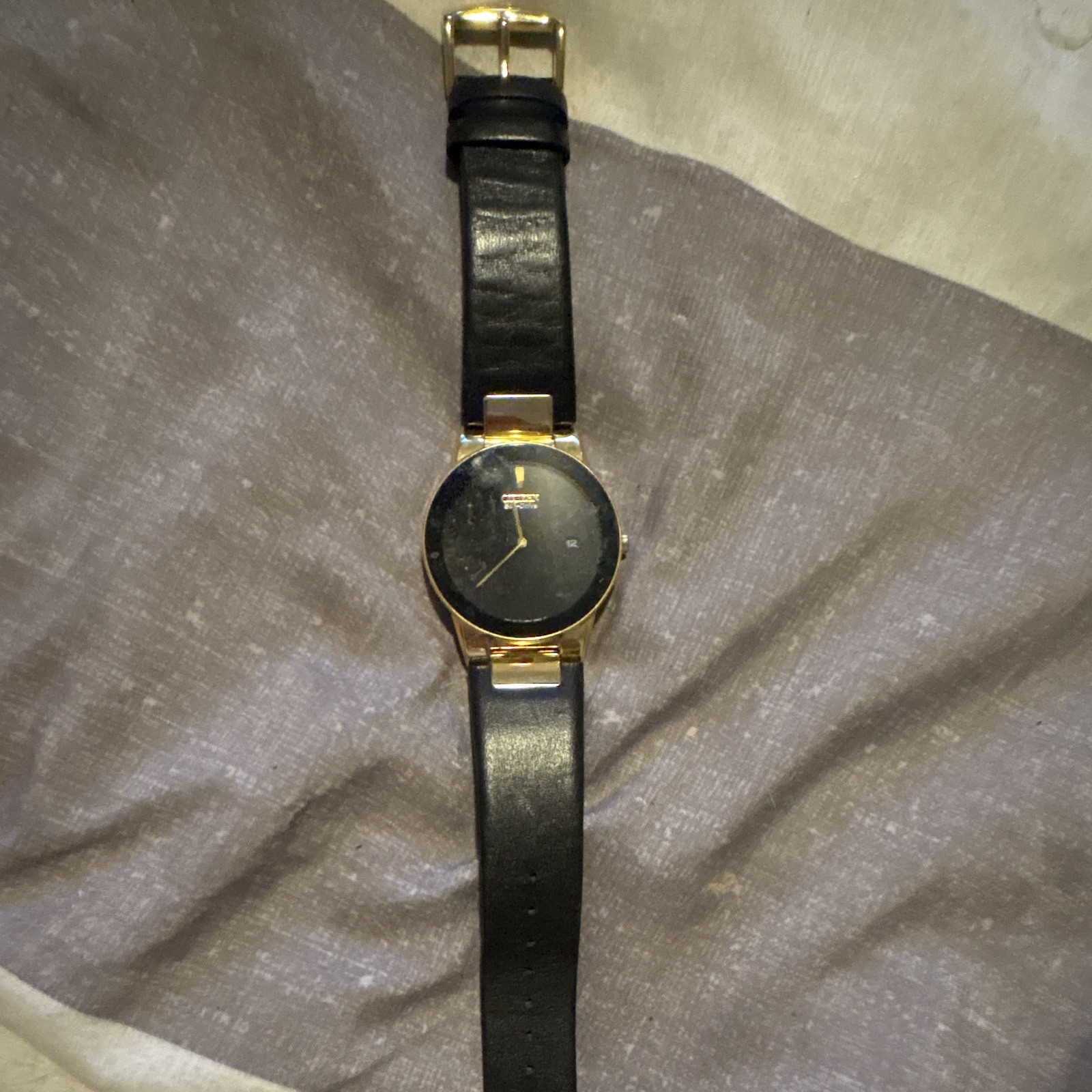 Citizen Eco-Drive Quartz Analog Watch Black Dial Date Gold Case Black Leather