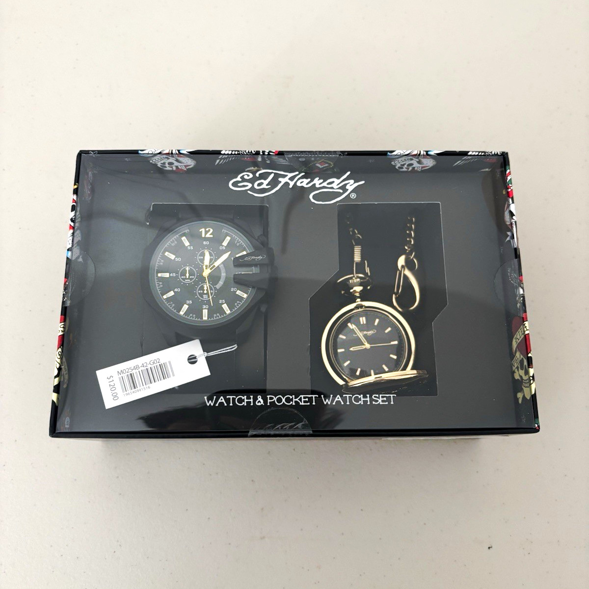 Ed Hardy Watch & Pocket Watch Set Half Hunter Gold Case Black Dial Quartz Box