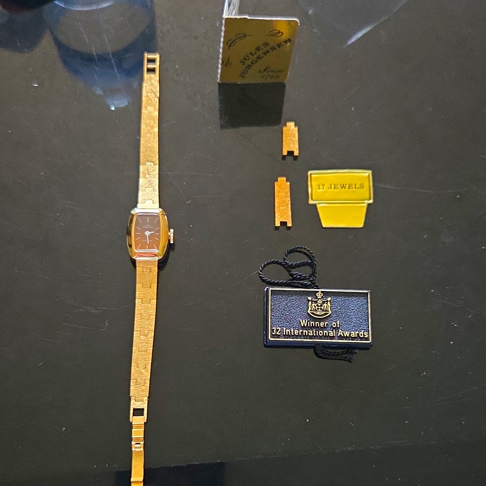 Jules Jurgensen 5614 Manual Mechanical 17J Gold-Tone Rectangle Watch Box Tags
