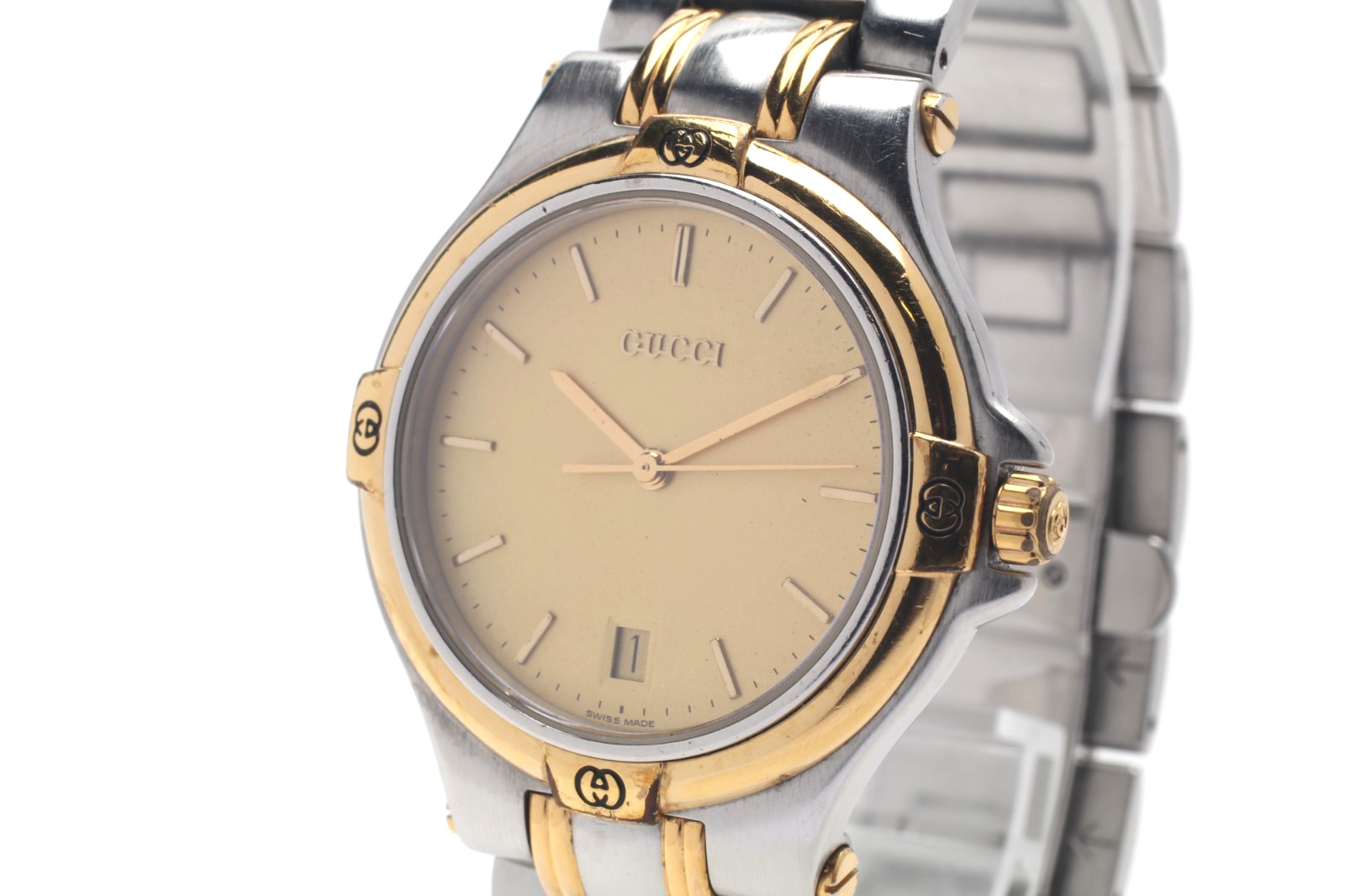 Vintage Gucci 9040M 35mm Gold Dial Silver Two Tone Quartz Men’s Watch Swiss made