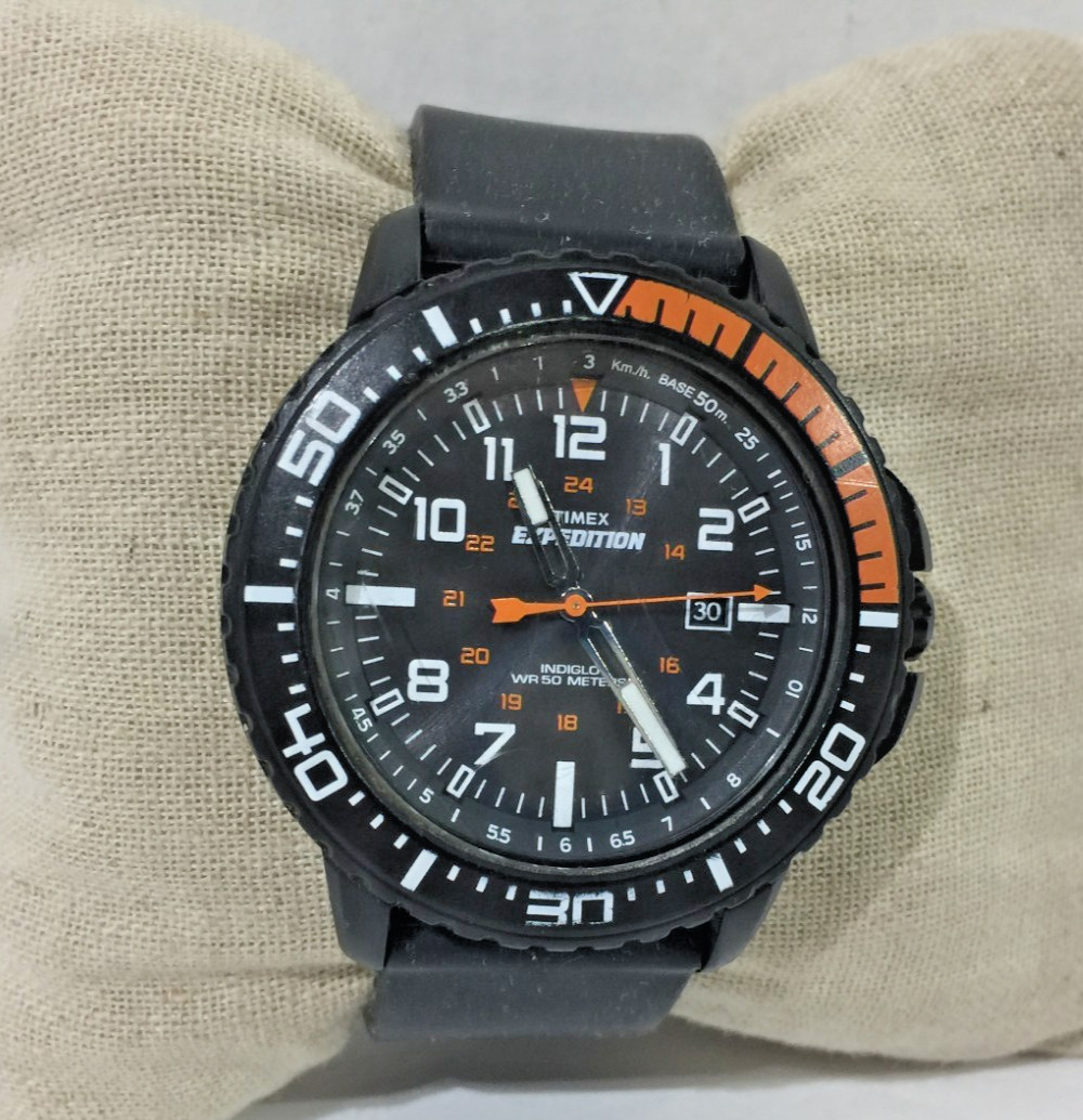 Timex Expedition Indigo Date Indicator Black & Orange Watch #905 16 Working!