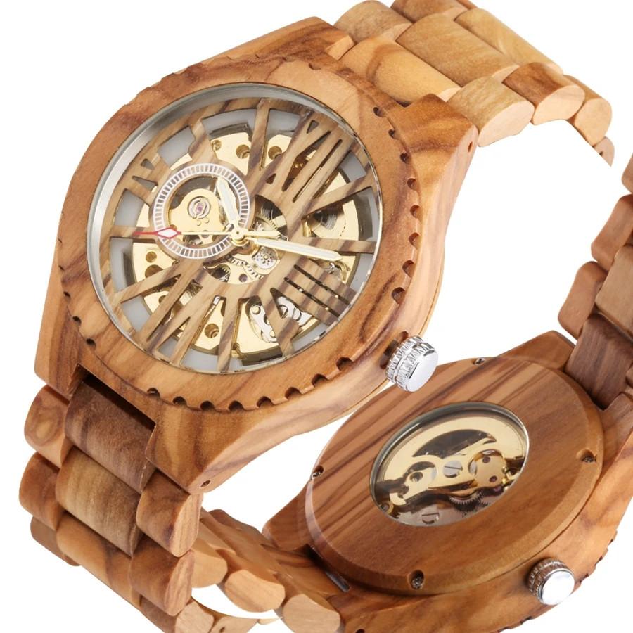 Automatic Mechanical Skeleton Wooden Stainless Steel Case Men’s Watch W572101