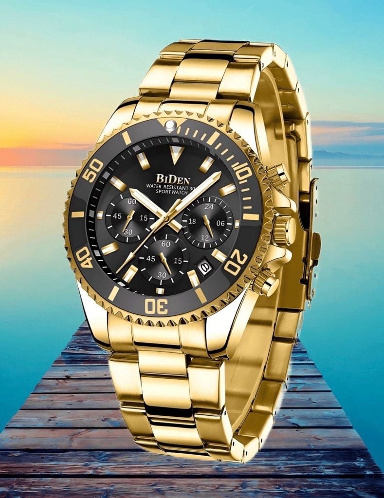 BIDEN Men’s Chronograph Luxury Gold Stainless Steel Sport Watch with Date and Lu