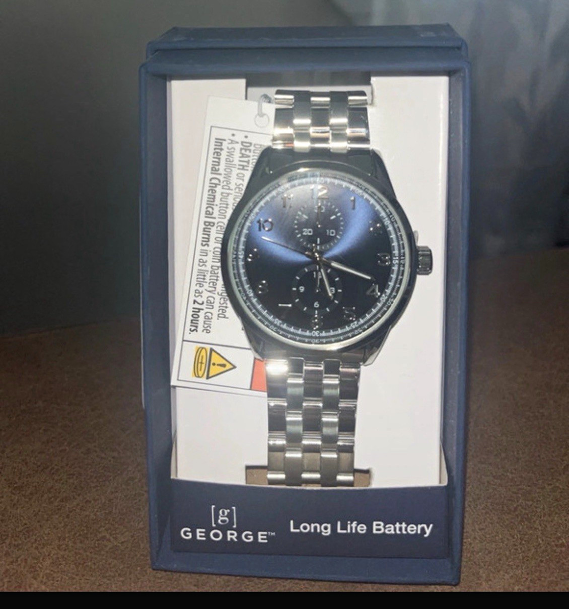 GEORGE Long Life Battery Men’s Quartz Chronograph Silver Bracelet Watch w/ Box