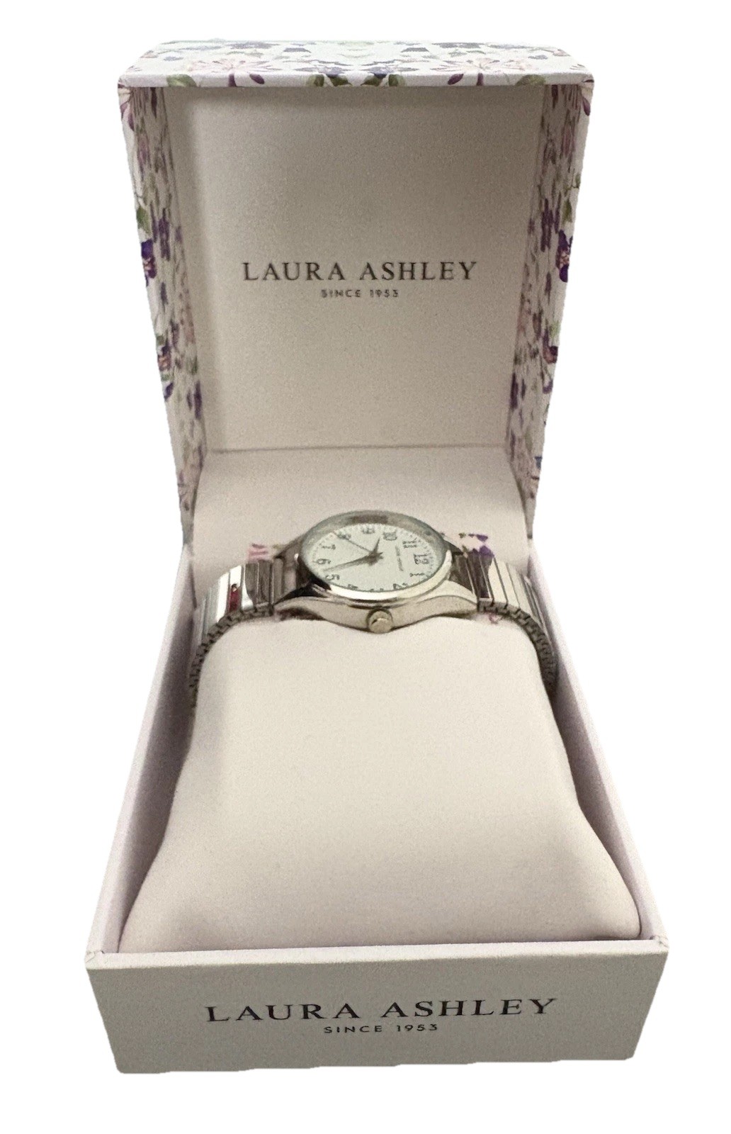Laura Ashley Round Silver Expandable Watch New Never Worn Comes in Original Box
