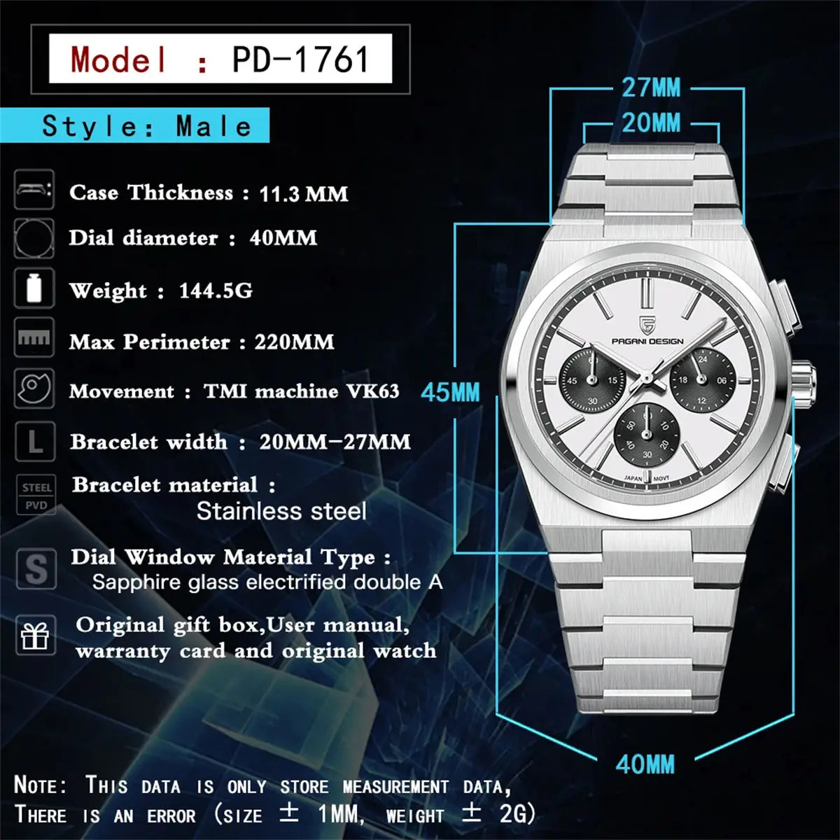 PAGANI DESIGN PD1761 VK63 Chronograph 40mm Sapphire 100M PRX Homage Watch