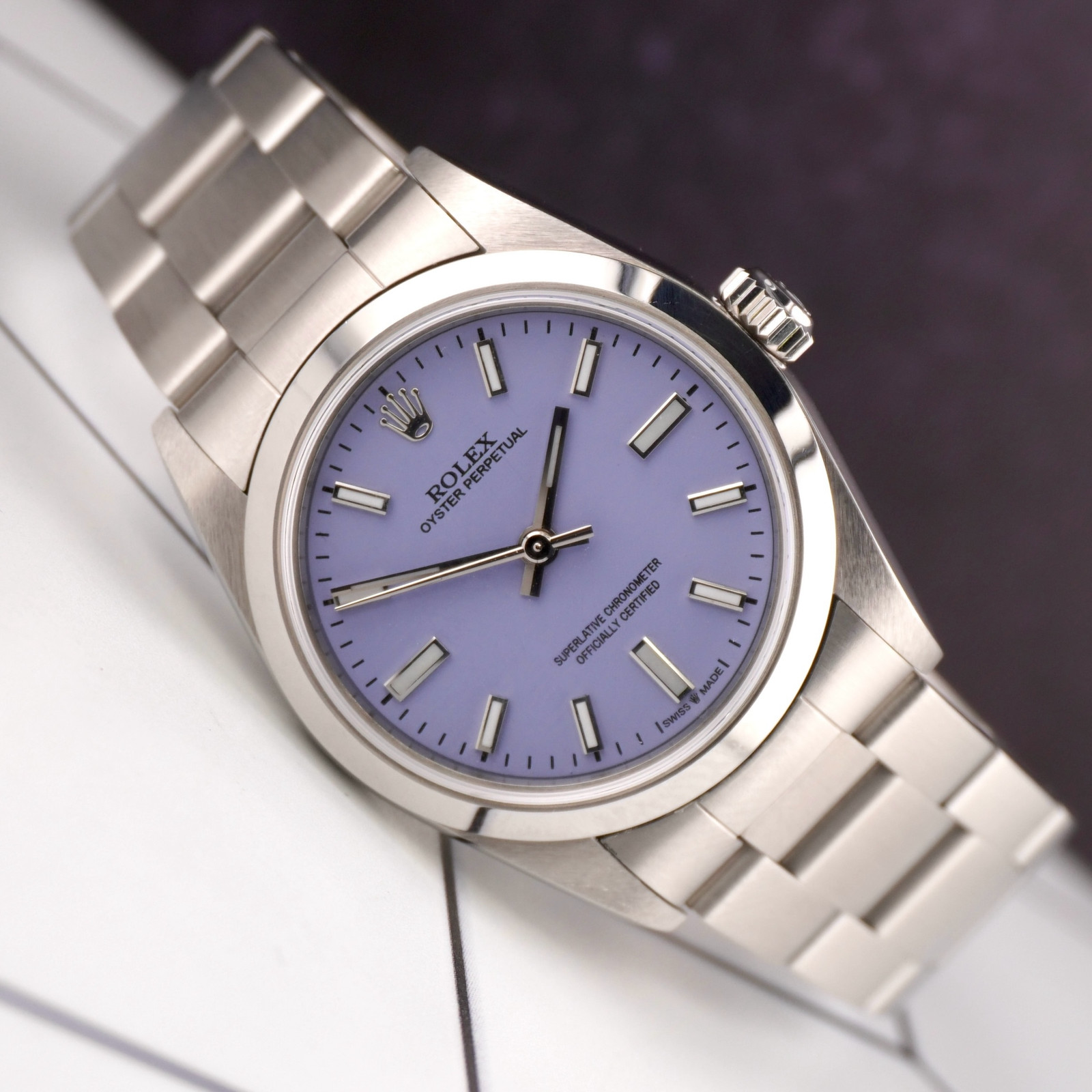 Rolex Oyster Perpetual 31mm Stainless Steel Lavender Dial Watch Ref 67480