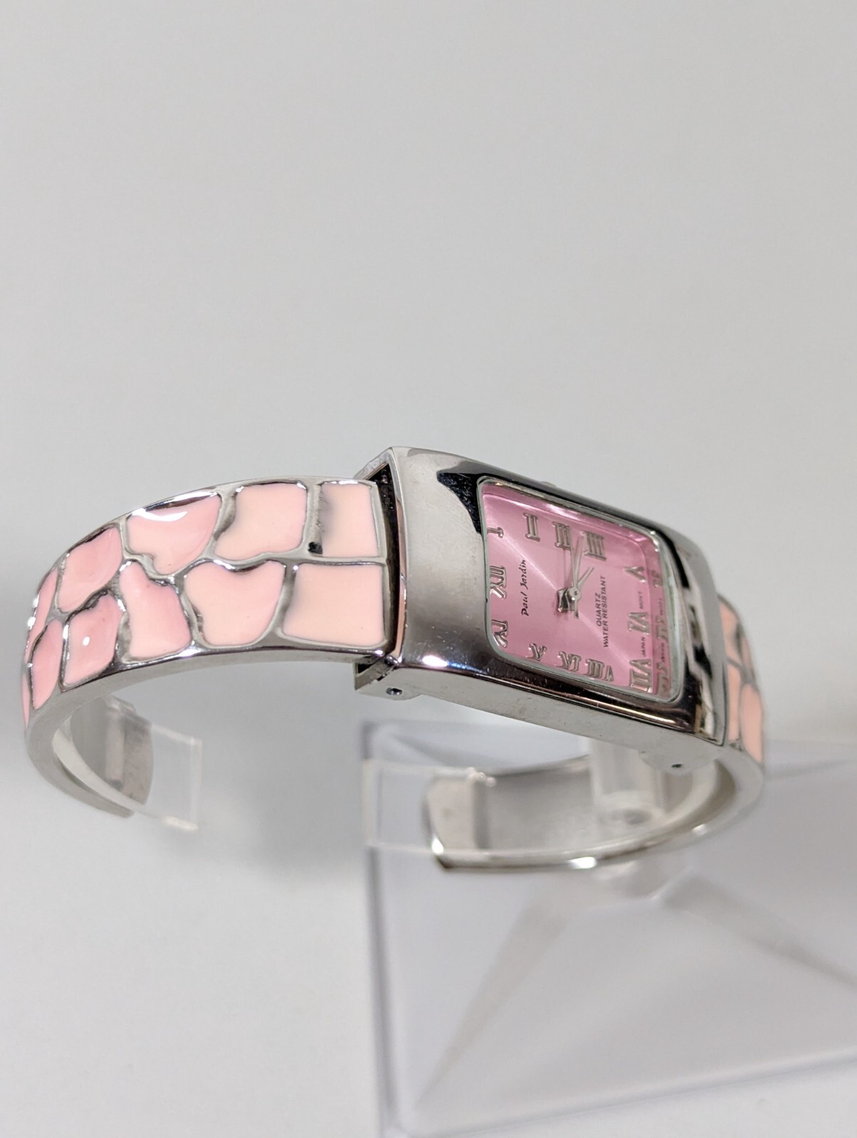 Paul Jardin Pink Dial Silver Tone Rectangle Case Enamel Inlay Hinge Band Watch