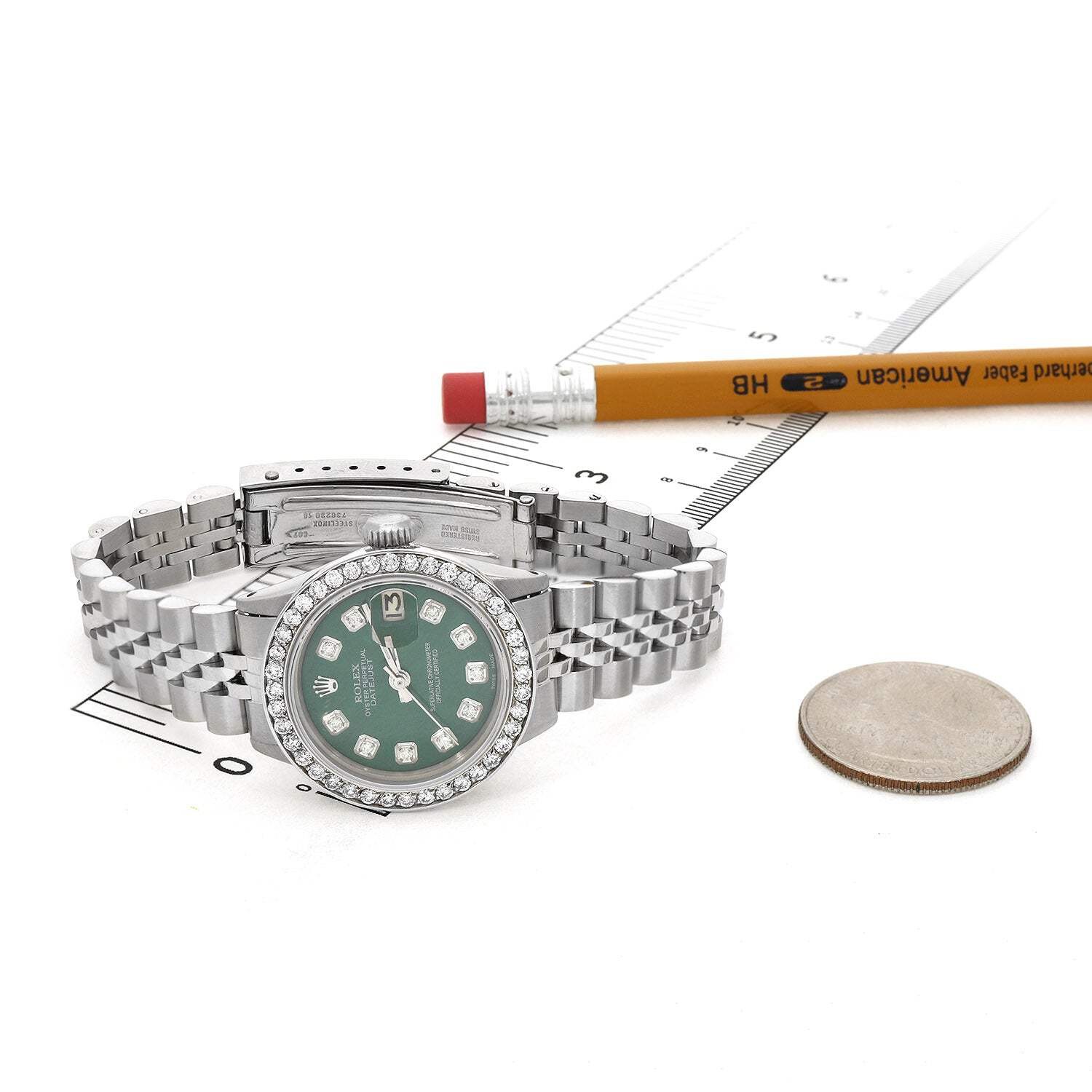 26mm Rolex Datejust 1601 18k White Gold Diamond Bezel Green Dial Women’s Watch