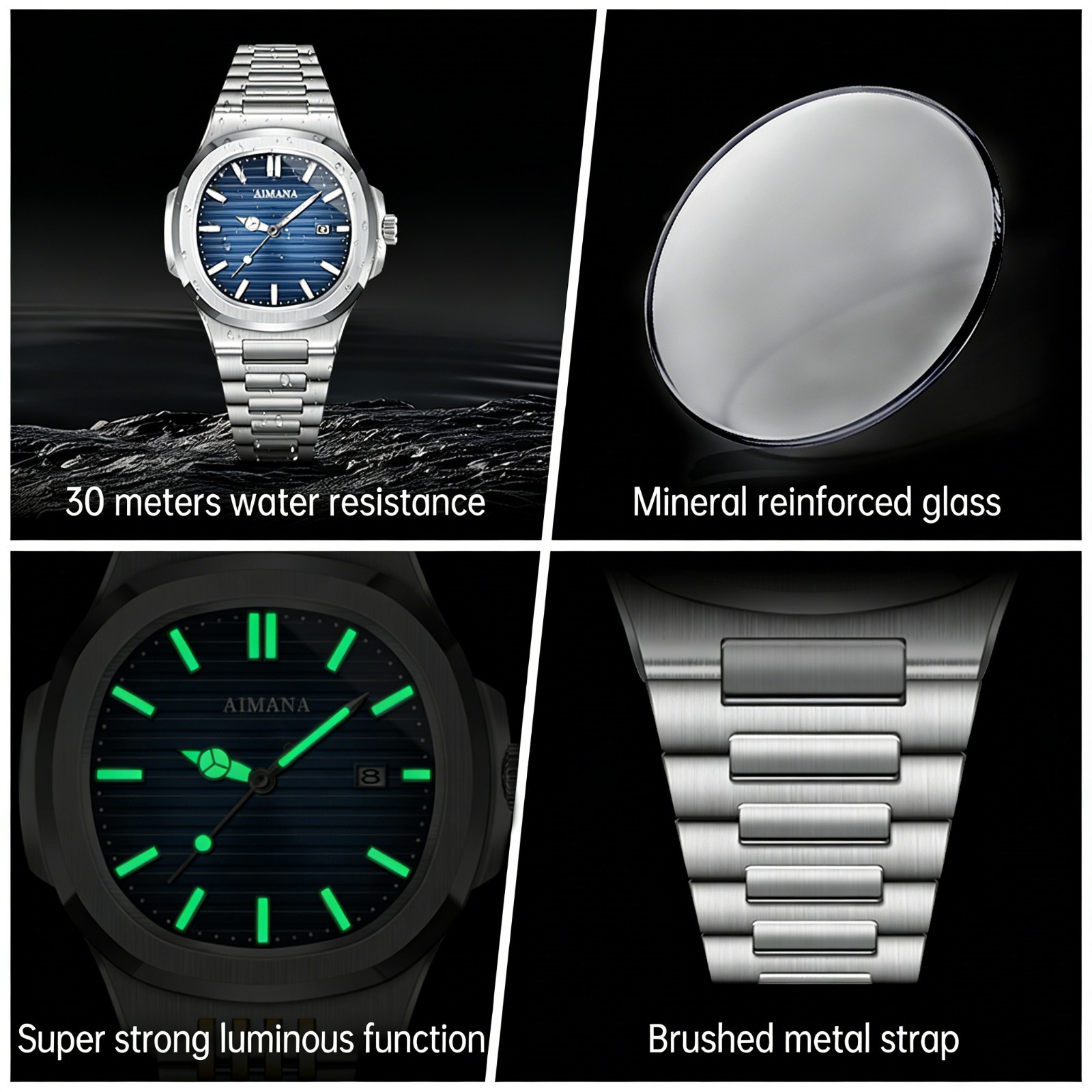 VORSEL Classic Men’s Square Quartz Watch Silver Steel Blue Dial Calendar Watches