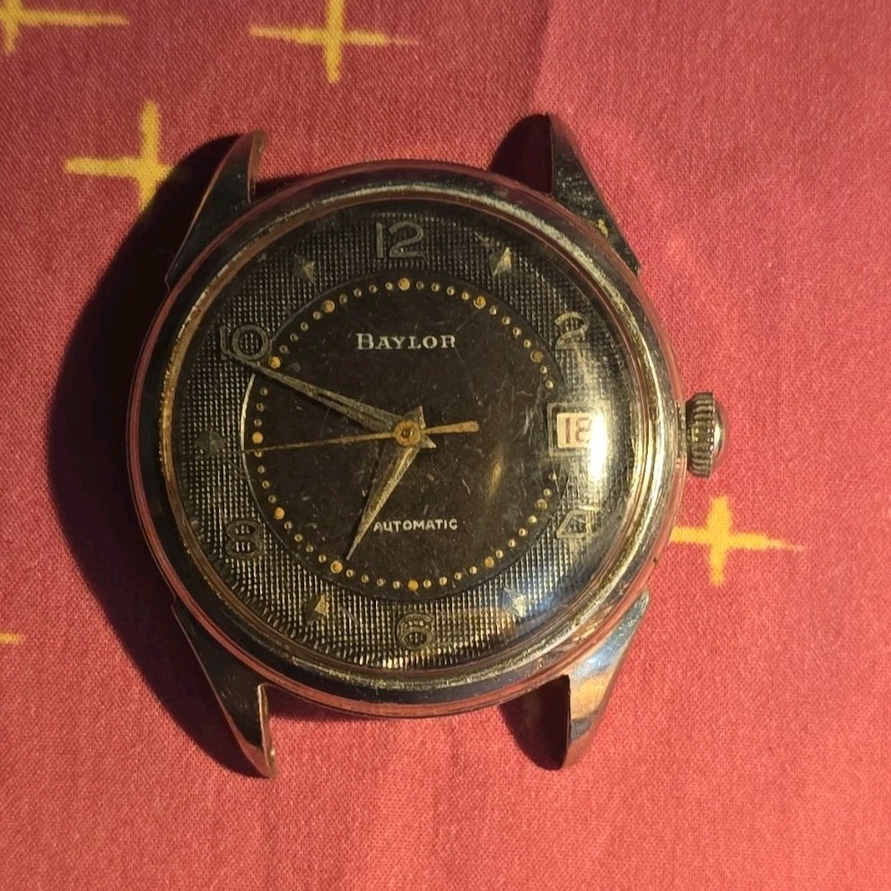 Baylor Automatic Swiss Made 17J Date Black Dial Arabic Gold Case Black Leather