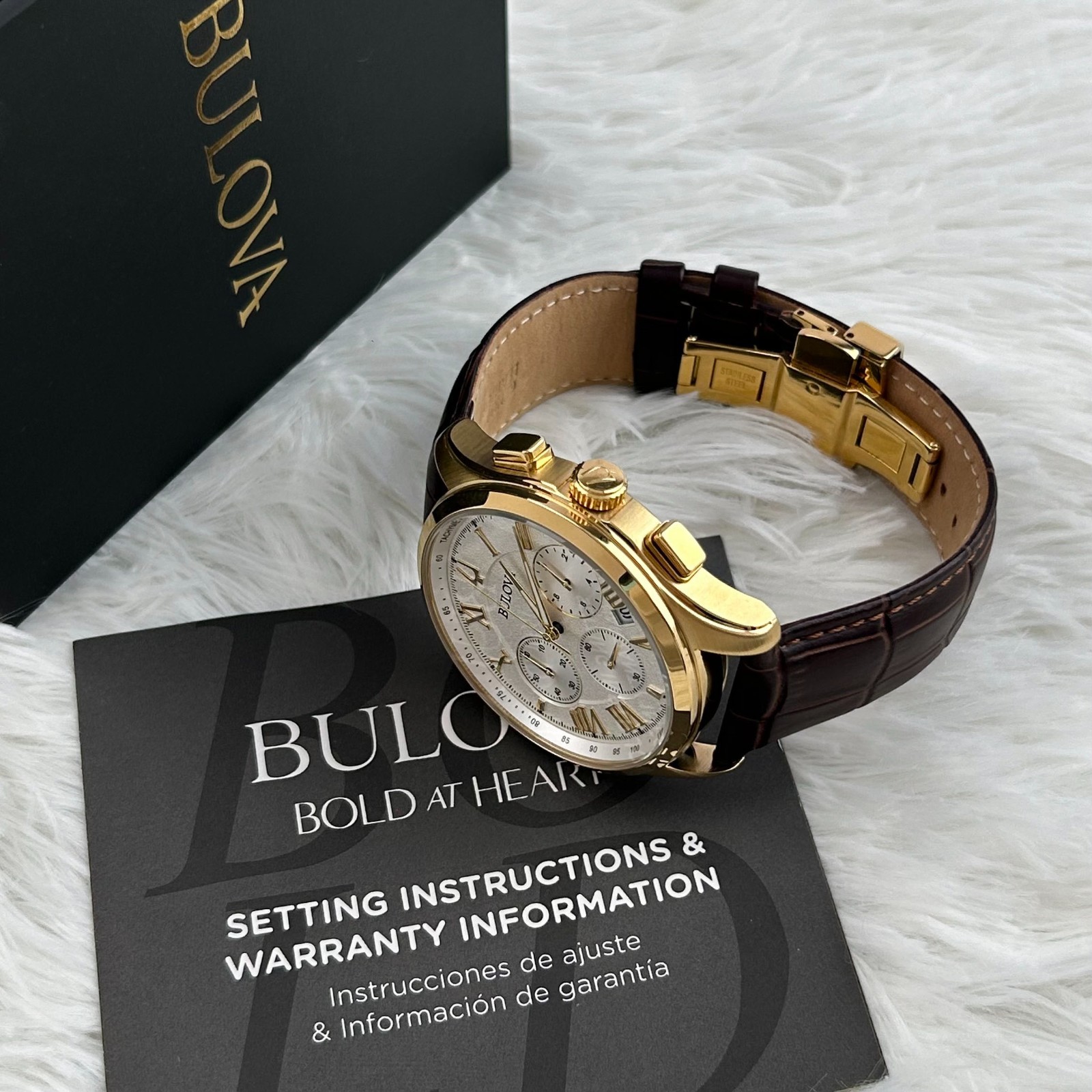 Bulova 97B169 Wilton Chronograph Gold Tone Brown Leather Men’s Watch 46.5mm