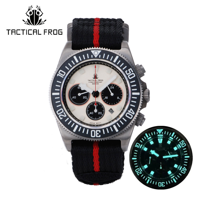 TACTICAL FROG Titanium VS75B Solar Power Quartz Chronograph Watch Newman Panda