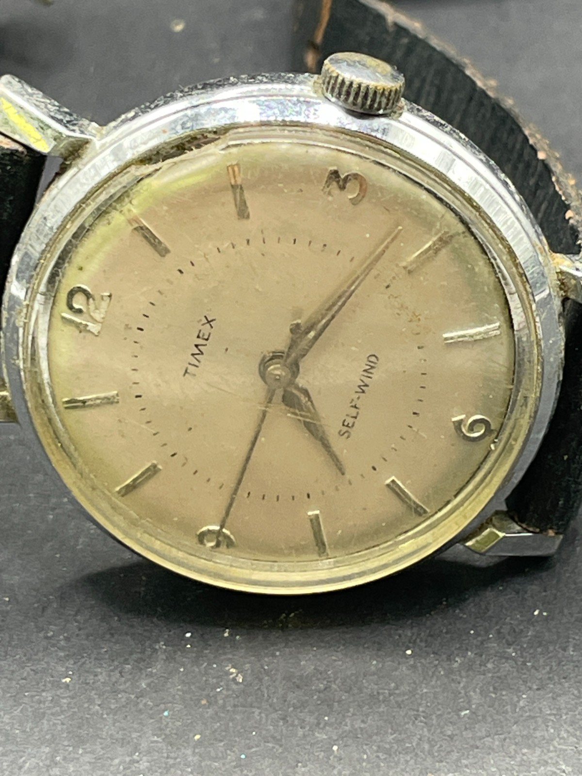 Vintage Timex Viscount Self Wind Watch White Dal Black Leather Band 36mm