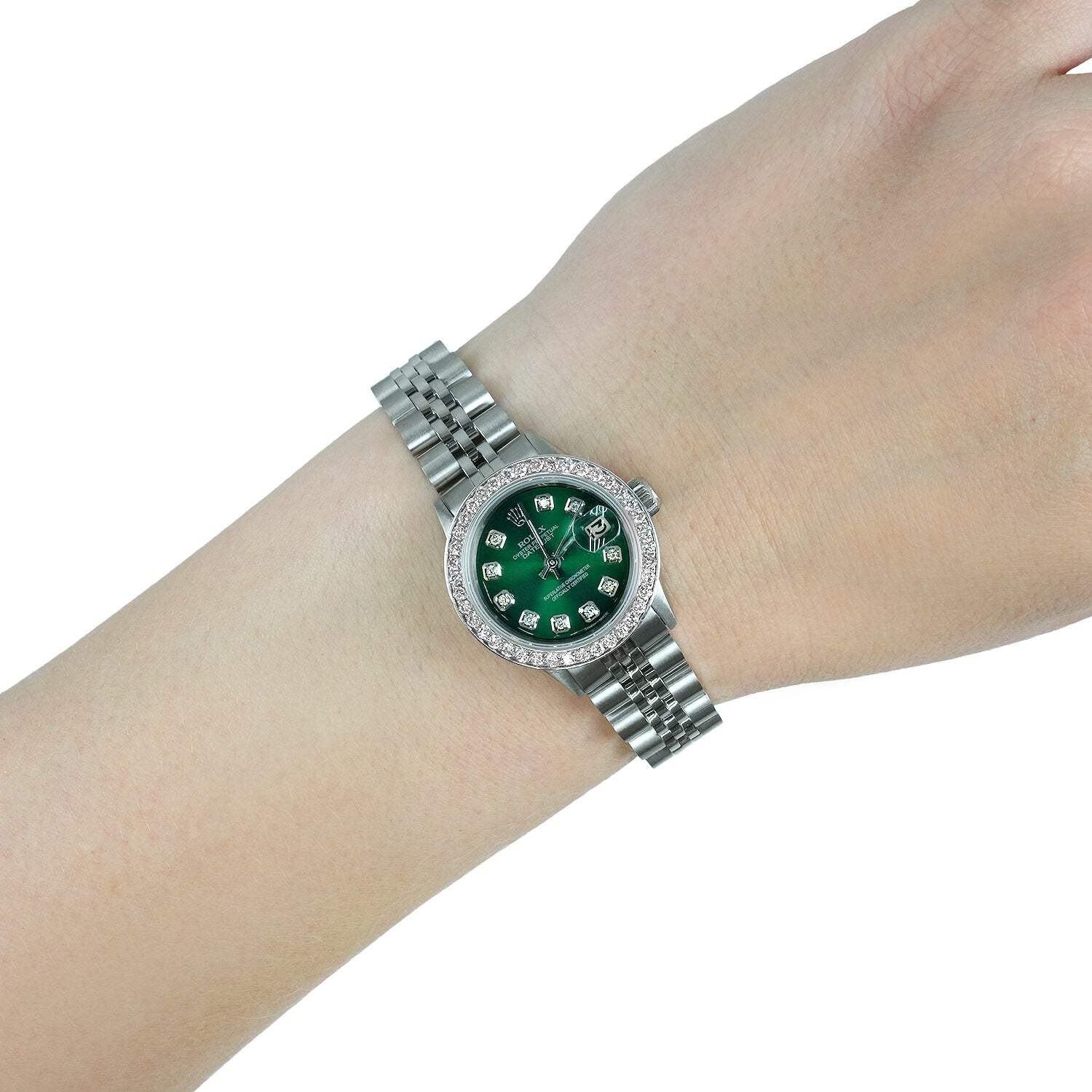 26mm Rolex Datejust 1601 18k White Gold Diamond Bezel Green Dial Women’s Watch
