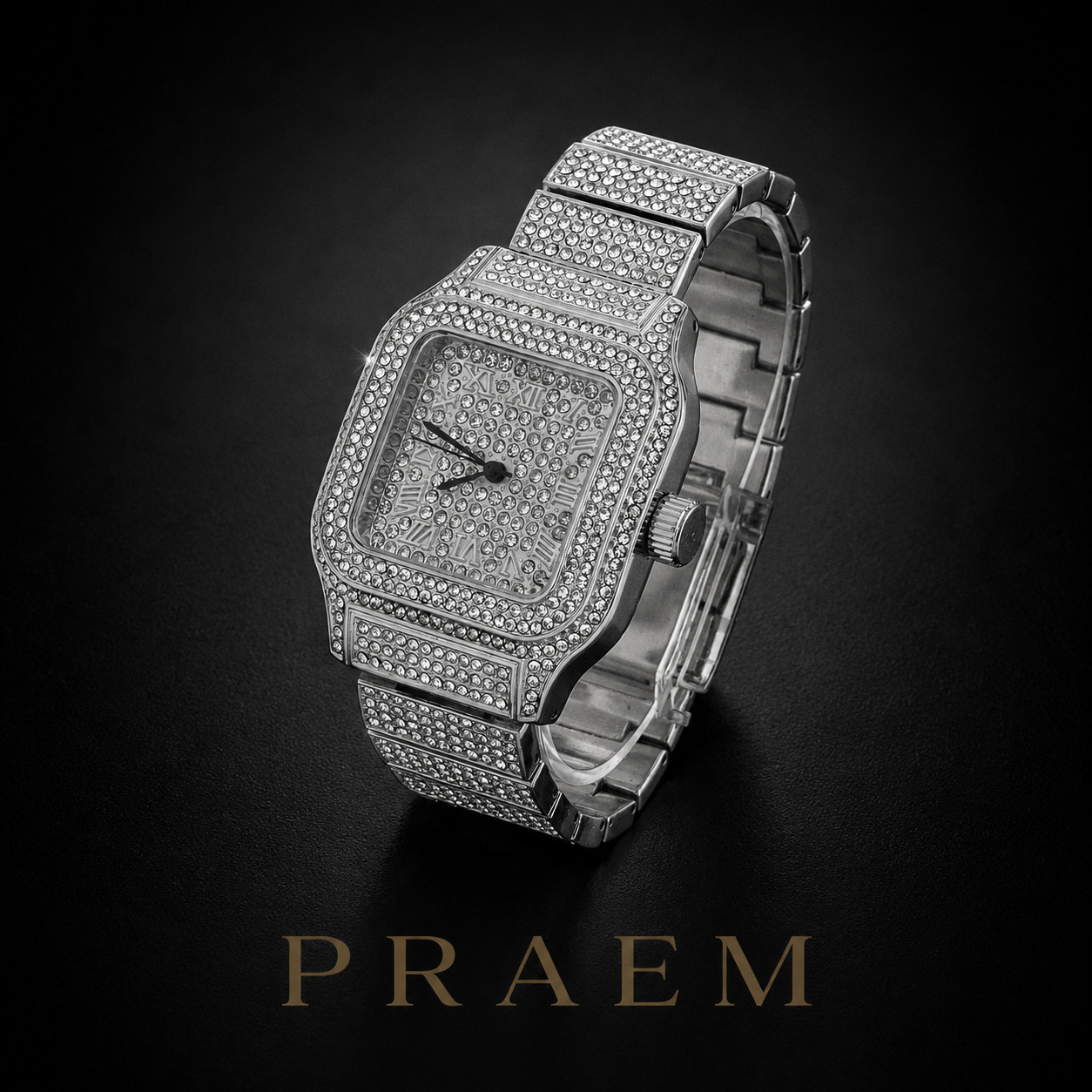 PRAEM Men’s Silver Plated Iced CZ Square Metal Band Watch