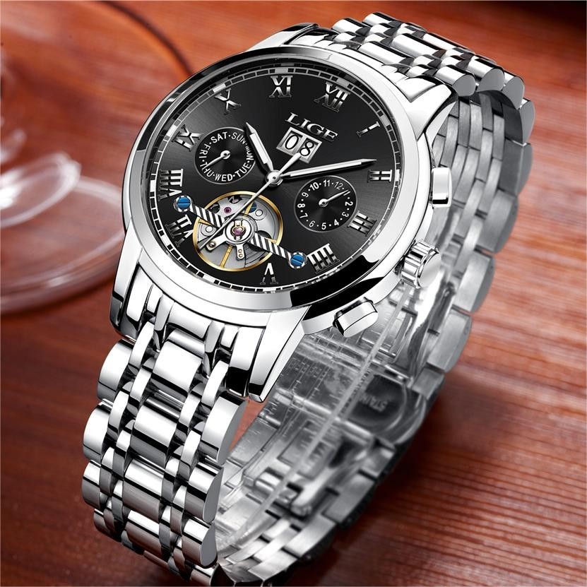 LIGE Men Watch Automatic Mechanical Date Week Month Luminous Dial Wristwatch US