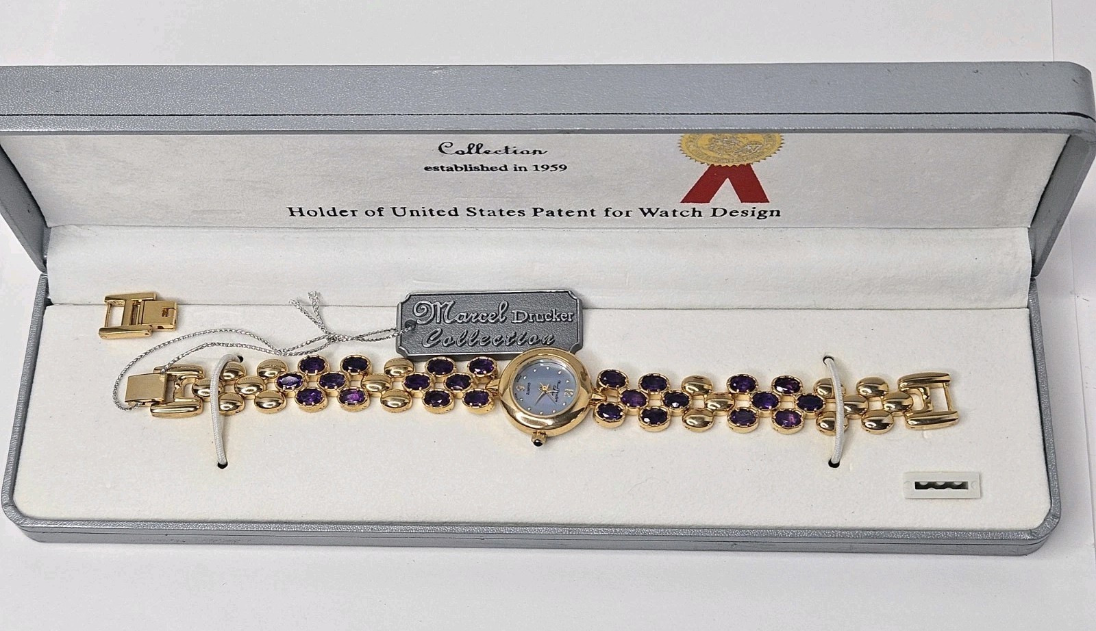 Marcel Drucker Amethyst Gold Tone Mother Of Pearl Face Ladies Quartz Watch New