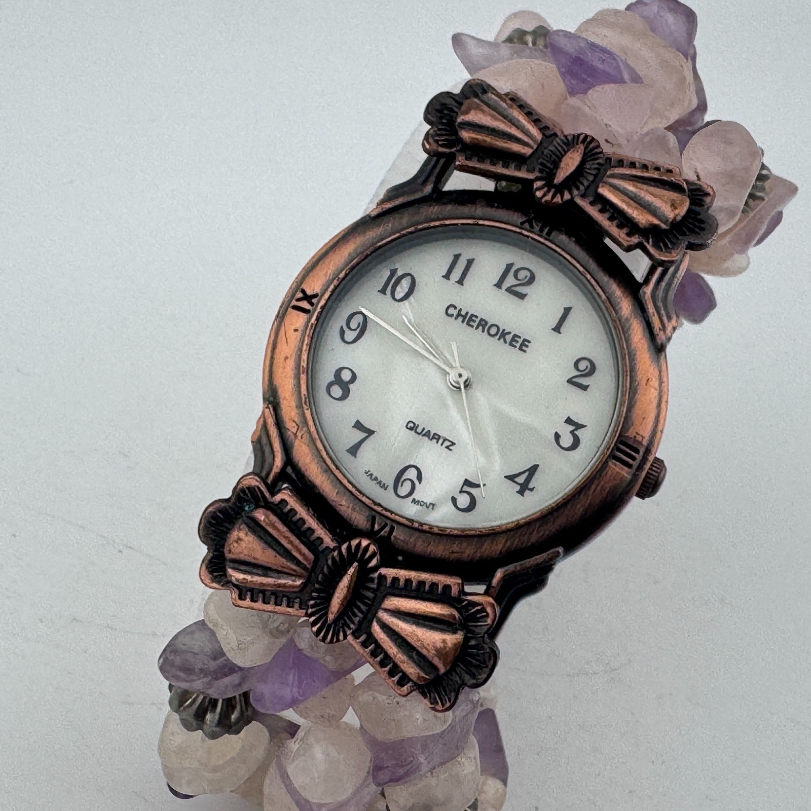 Cherokee Quartz Watch Women Bronze MOP Dial Stone Beaded Band New Battery 6.75″