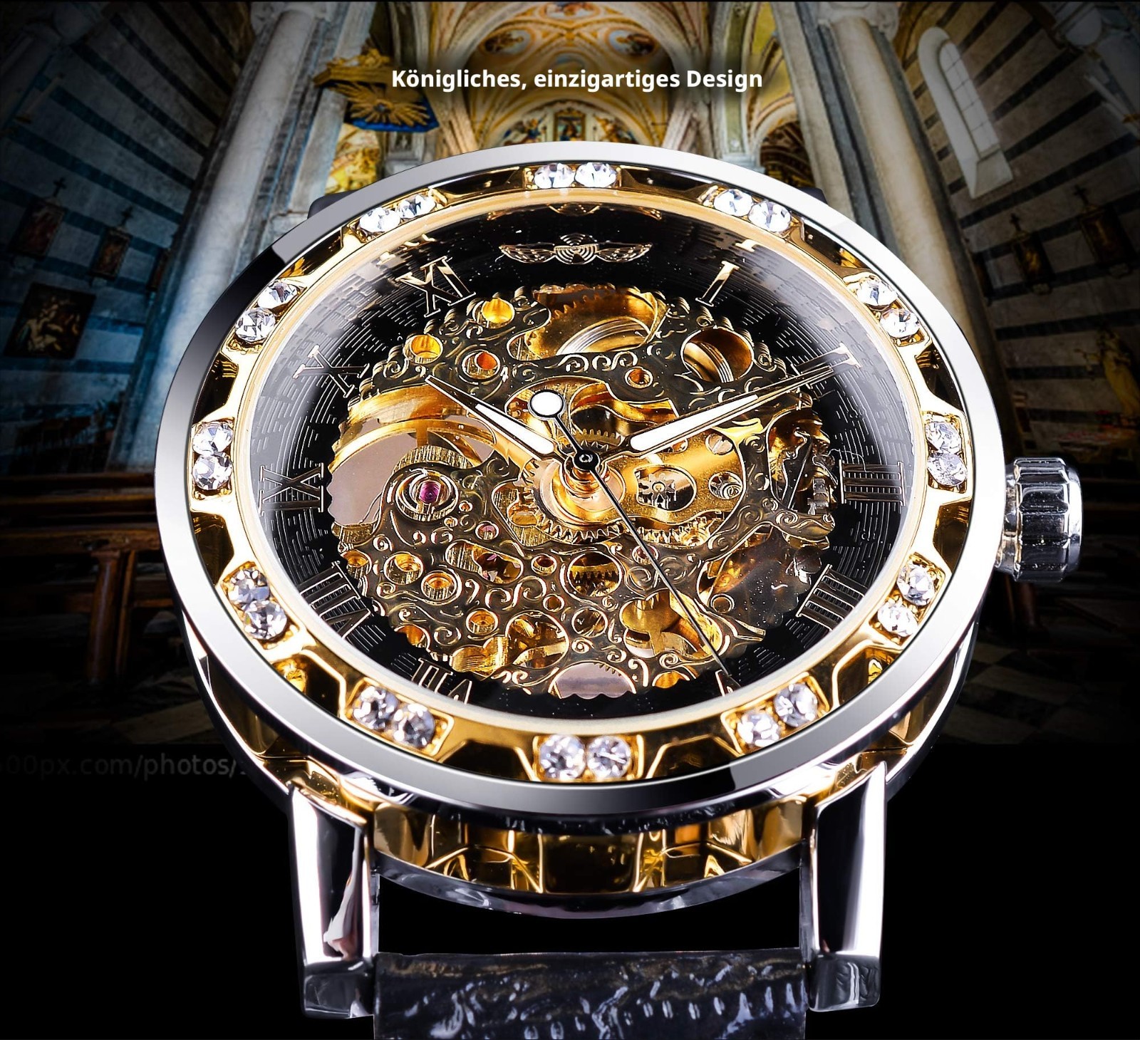 Retro Mechanical Skeleton Watch for Men, Diamond & Carved Flower Design, Classic