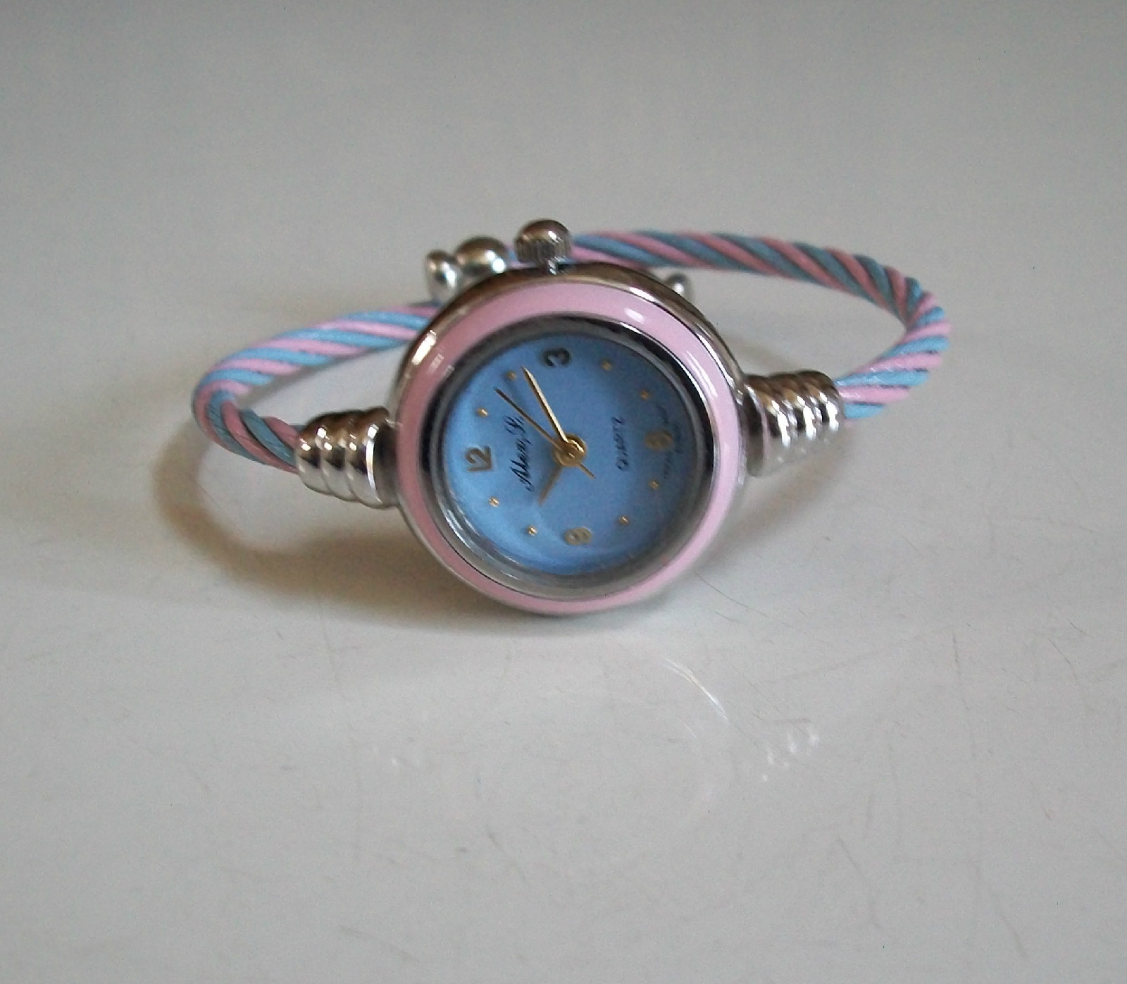 Pink & Blue Silver Finish Cable Band Bangle Cuff Fashion Women’s Girl’s Watch
