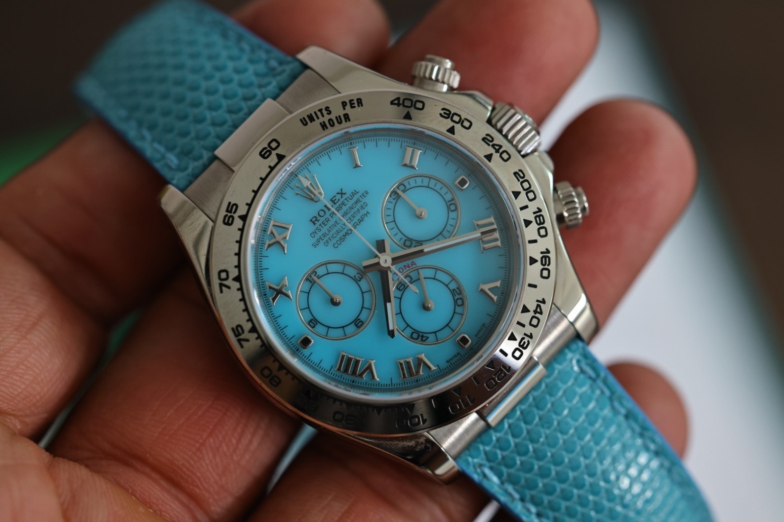 Rolex Daytona beach turquoise blue Dial White Gold 116519 papers