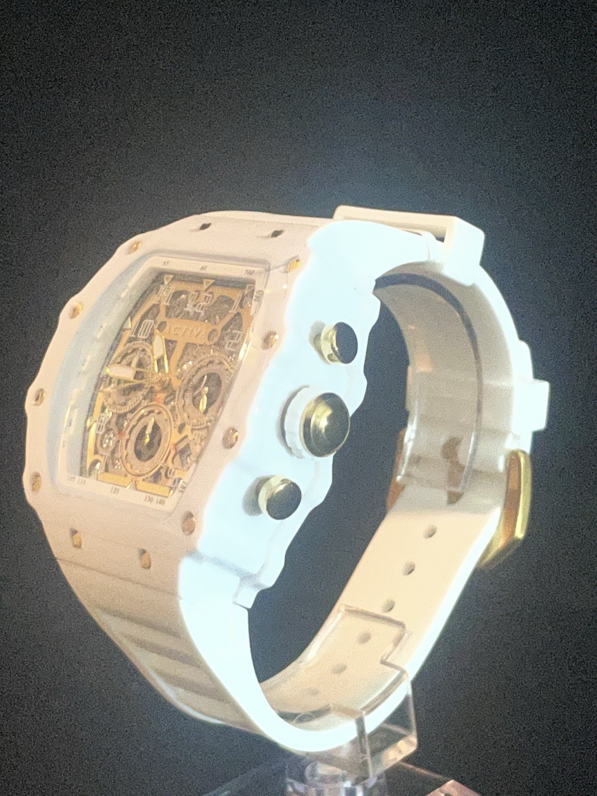 Activa Chronograph White Silicone Strap Skeleton Dial Date Watch 43mm – New