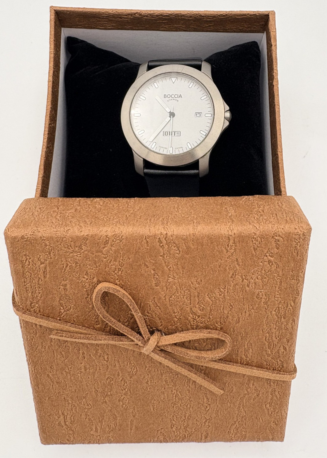 Boccia Titanium Mens Watch Day Date Sapphire Crystal 10 Bar Leather Band