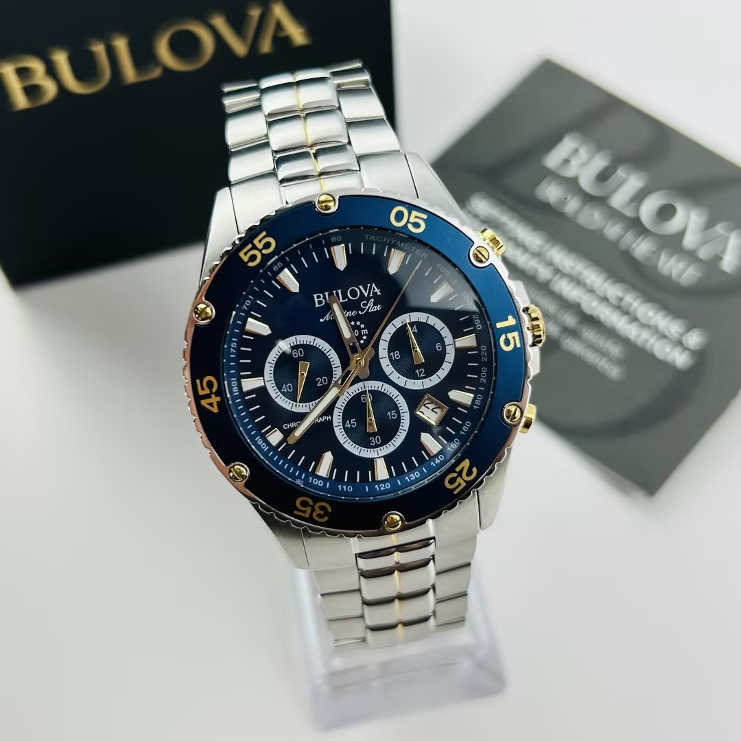 Bulova Men’s Marine Star 98B400 Blue Dial Chronograph Quartz Watch New 41.5 mm