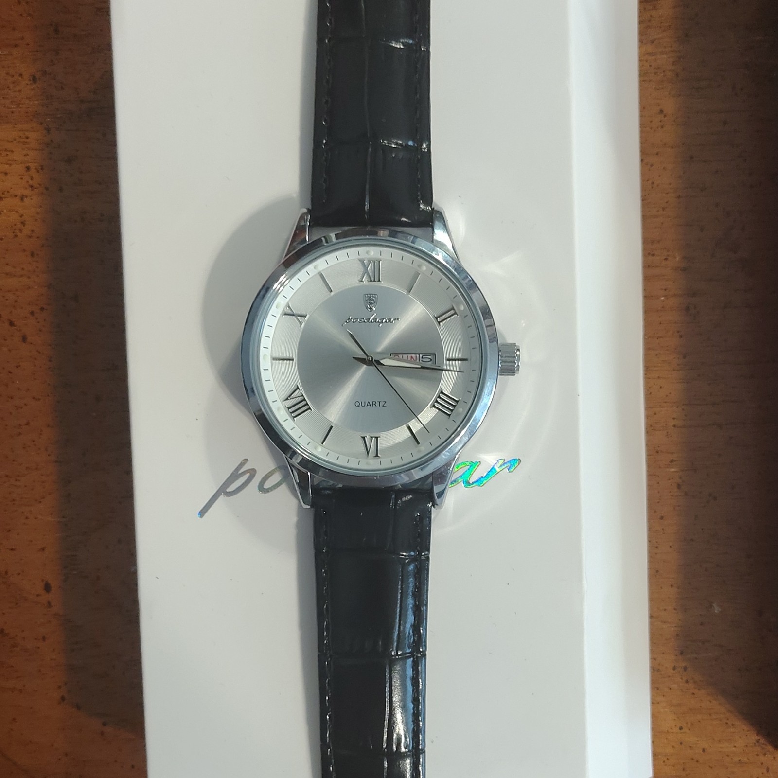 Poedagar Men’s Quartz Dress Watch Silver Dial Date Black Leather Strap w/ Box