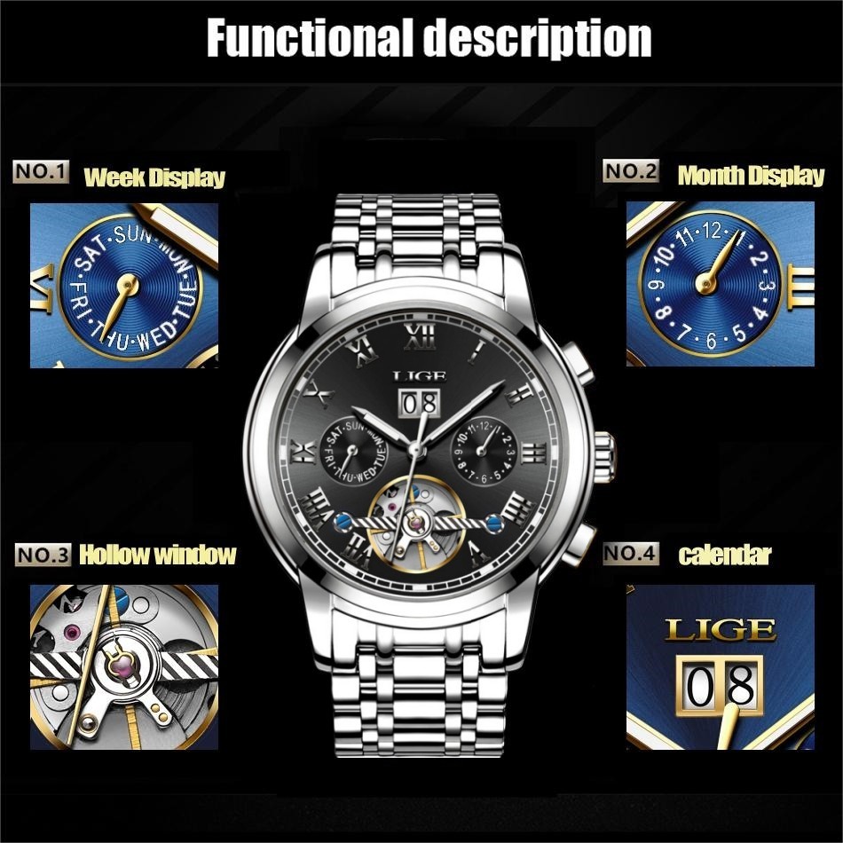 LIGE Men Watch Automatic Mechanical Date Week Month Luminous Dial Wristwatch US
