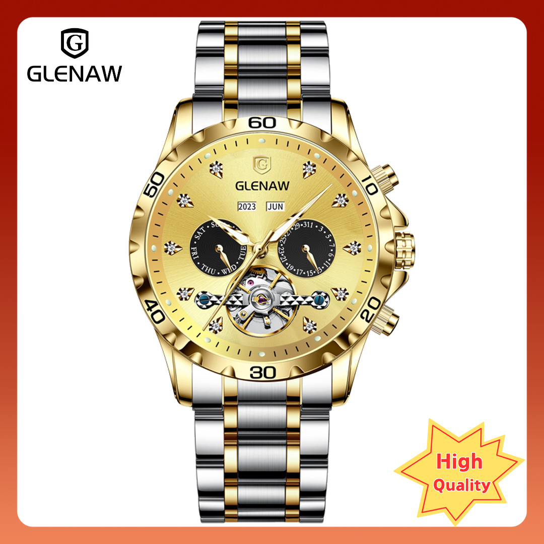 GLENAW stainless steel strap mechanical watch week date month men’s watch gift