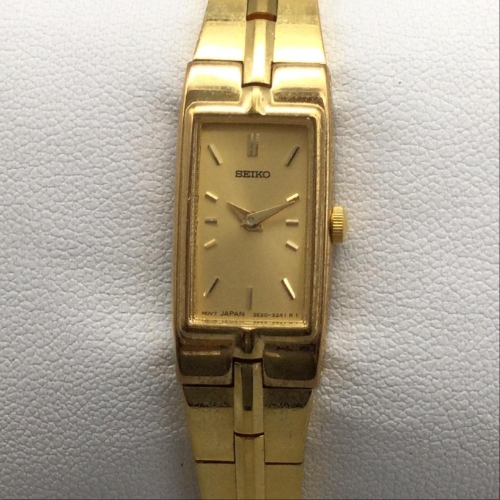 Vintage Seiko Tank Womens Watch 13mm Gold Tone 2E20-7479 New Battery 6.25″