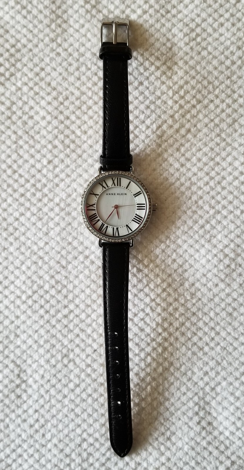 Anne Klein Silver Tone Watch AK/1617 MOP Dial Black Leather 5.5″ to 7″ New Batt