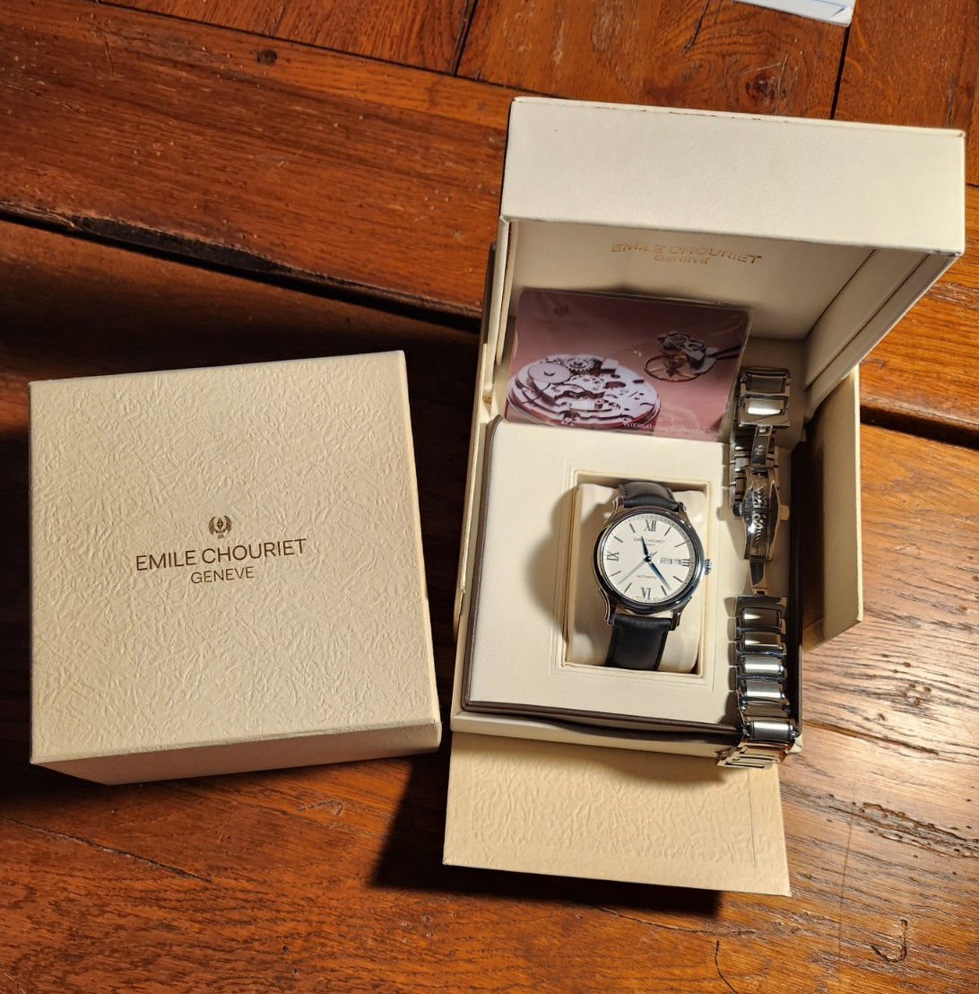 Emile Chouriet Auto Day-Date Silver Roman Dial Black Leather+Metal Bracelet Box