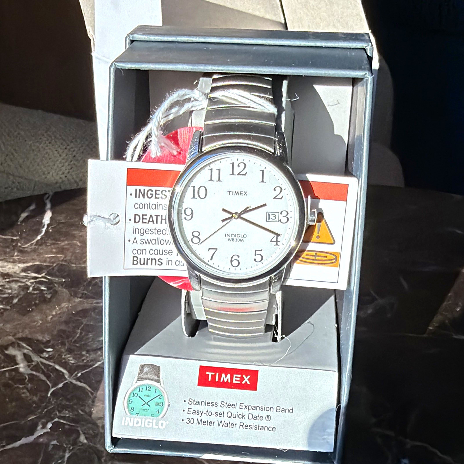 Timex Easy Reader Indiglo Quartz Date 30m Silver SS Expansion Band Watch