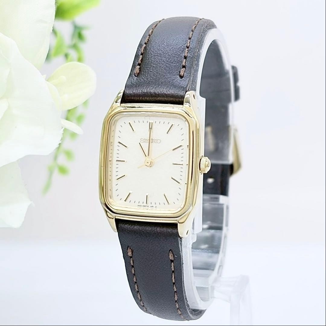 SEIKO 1N01 0LR0 Watch Square Quartz Wristwatch Dark Brown Gold White