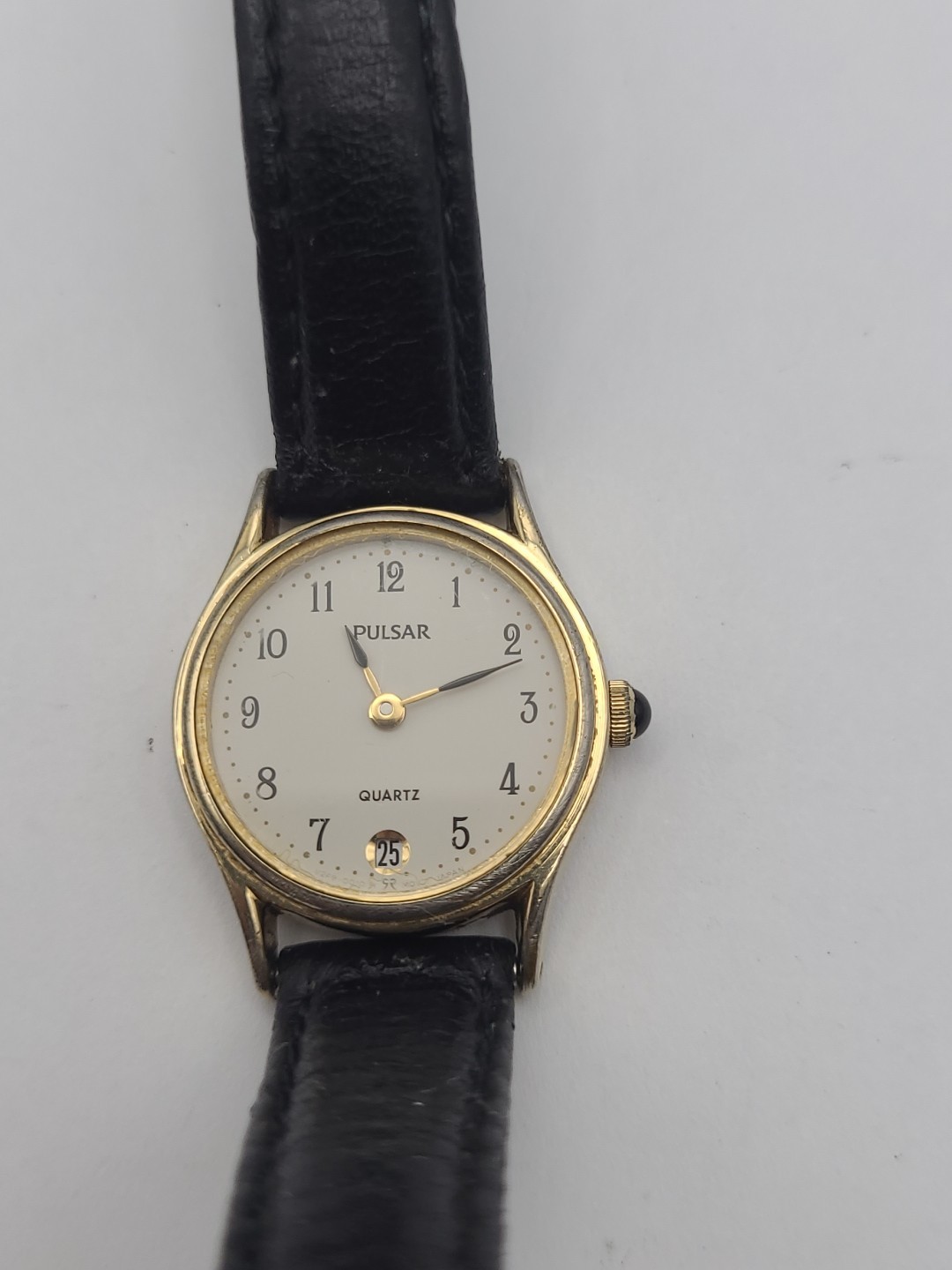 Vintage Pulsar Watch Women Gold Tone Date V248-0010 Leather Band New Battery
