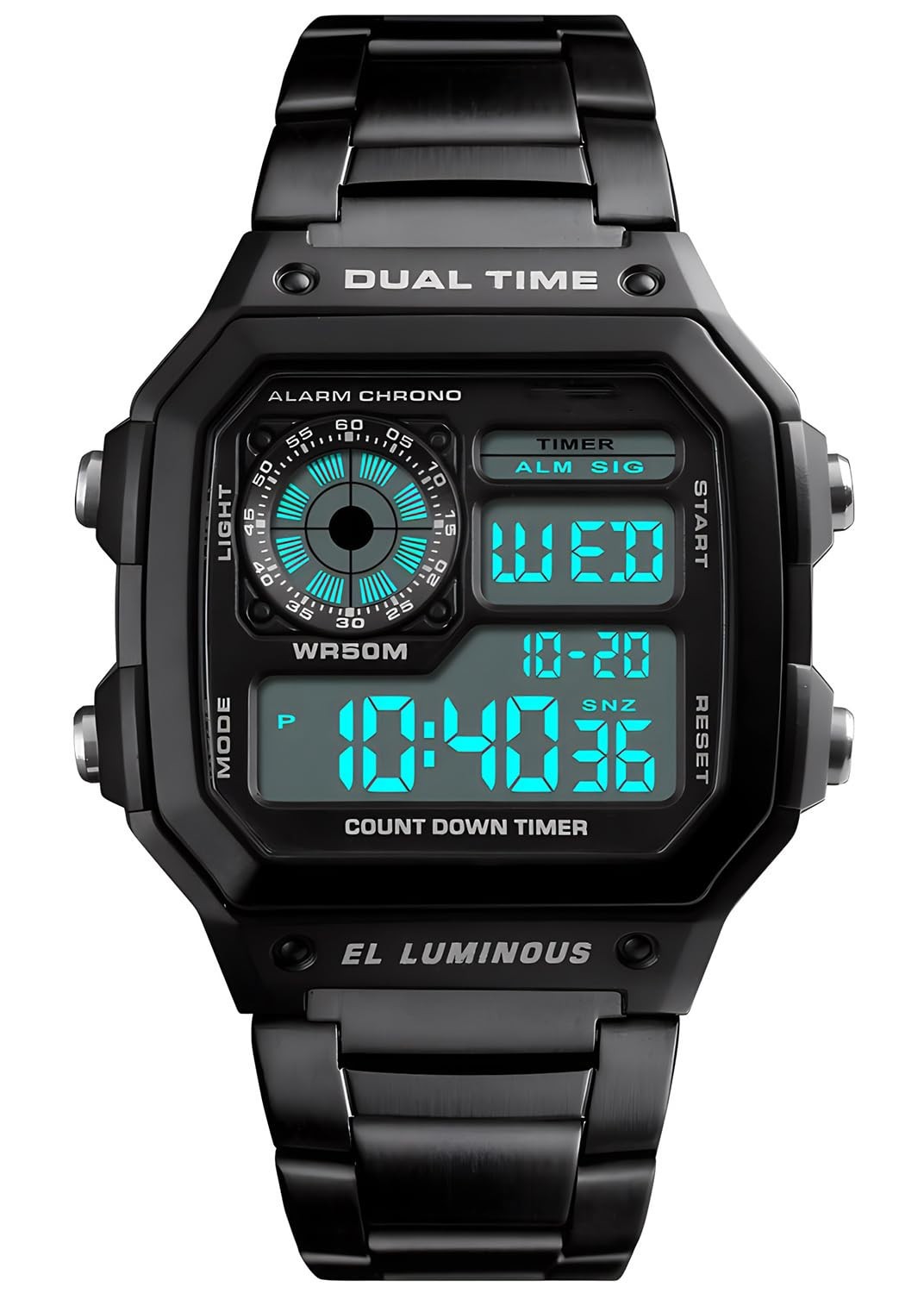 Reloj Digital Multifuncion Hombre Doble Hora Alarma Cronometro Retroiluminado