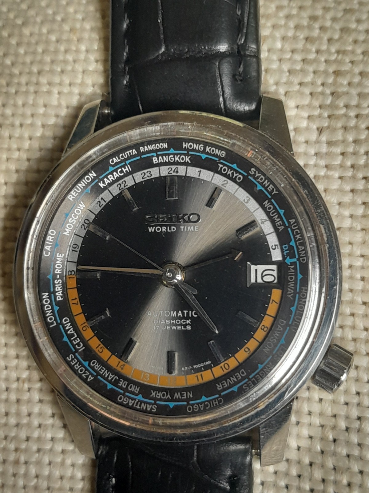 1967 SEIKO World Time 6217-7000 Rerun “64”Tokyo Olympic, Sunburst Gunmetal Dial